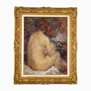 Joseph Louis Lamberton, pintura impresionista de un desnudo sentado, siglo XX, óleo, enmarcado