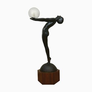 Art Deco Bronze Lamp Life Size Clarte Standing Nude with Globe by Max Le Verrier with Foundry Mark 186 Cm.