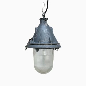 Vintage Industrial Clear Striped Glass & Gray Pendant Light