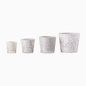 Japanese Minimalist White Crackle Raku Ceramics Bowls, Set of 4