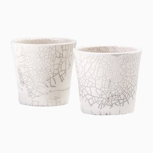 Japanese Minimalist White Crackle Raku Ceramics Bowls, Set of 2