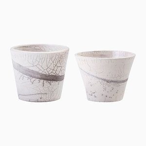 Japanese Minimalist White Crackle Raku Bowls from Laab Milano, Set of 2