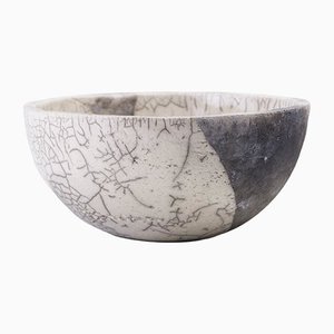 Japanese Minimalist White Crackle Raku Ceramic Bowl from Laab Milano