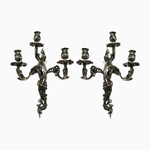 Antique Italian Sconces in Silver-Plated Bronze, Set of 2