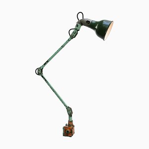 Lámpara de escritorio de maquinista industrial británica vintage de metal verde con dos brazos de Mek Elek