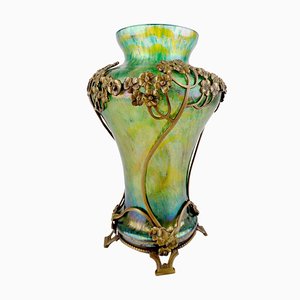 Art Nouveau Iridescent Glass Vase with Bronze Overlay, 1900s