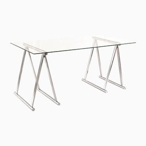 Mid-Century Chromed Steel Trestles & Glass Top Dining Table, Italy, 1970s