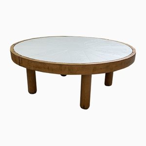 Round Ceramic White and Wood Coffee Table
