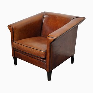 Vintage Dutch Art Deco Style Cognac Colored Leather Club Chair