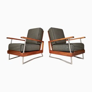 Art Deco Prague Streamline Walnut Armchairs in Reupholstered in Fabric, 1930s, Set of 2