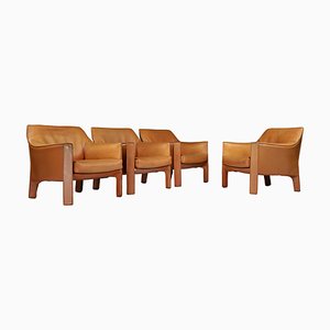 Italian Buffalo Cognac Leather Cab 415 Club Chairs by Mario Bellini for Cassina, 1980s, Set of 4