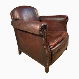 Antique French Conker Leather Studded Club Chair, 1900