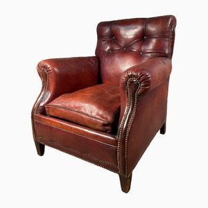 Antique French Napoleon III Leather Studded Club Armchair, 1860