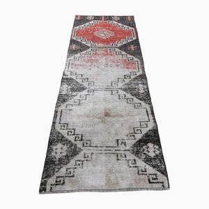 Antique Turkish Black Red Oushak Handmade Wool Runner Rug