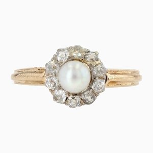 Antiker französischer Gänseblümchen Ring mit natürlicher Perle und Diamanten