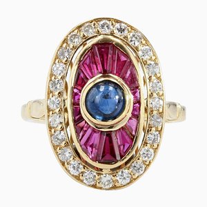 French Art Deco Style Ring in 18K Yellow Gold with Ruby Sapphire and Diamonds