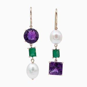 Emeralds, Amethysts, Pearls, Rose Gold Dangle Earrings, Set of 2