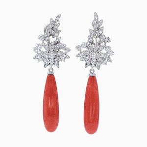 Boucles d'Oreilles Pendantes en Or Blanc et Corail, Set de 2