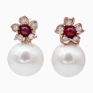 Weiße Perlen, Rubine, Diamanten, Roségold Ohrringe, 2er Set