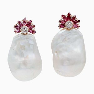Baroque Pearls, Rubies, Diamonds Rose Gold Earrings, Set of 2