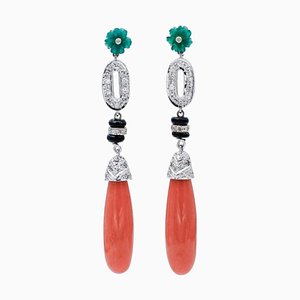 Boucles d'Oreilles Corail, Agate Verte, Onyx, Diamants, Platine, Set de 2