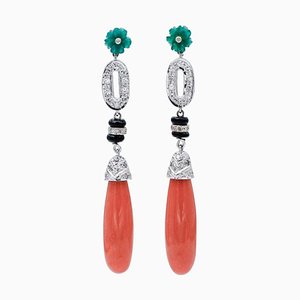 Coral, Green Agate, Onyx, Diamonds, Platinum Dangle Earrings, Set of 2