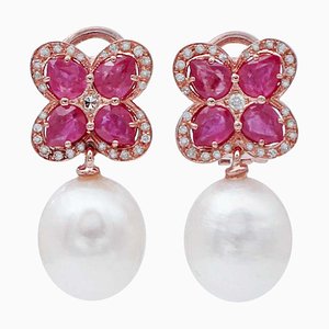 Pearls, Rubies, Diamonds Rose Gold Dangle Earrings, Set of 2