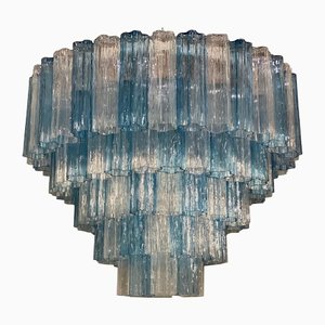 Lámpara de araña Tronchi italiana grande de cristal de Murano azul