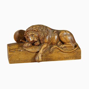 Antique Wooden Sculpture of the Lion of Lucerne, 1900s