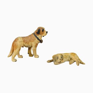 Wooden Carved Black Forest St. Bernhard Dog with Puppy, 1930s, Set of 2