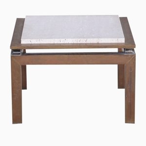 Mid-Century French Side Table in Travertine and Brass