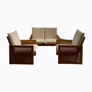 Armchairs & Wooden Two-Seater Sofa, Set of 3