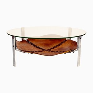 Dutch Brutalist Leather Glass & Steel Table, 1970