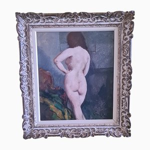 Emile Baes, desnudo femenino, década de 1900, óleo sobre lienzo, enmarcado