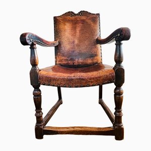 Antique Leather and Oak Knights Chair