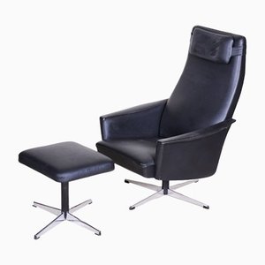 Bauhaus Czechian Swivel Chair with Foot Stool in Vegan Leather. Made in 1960s, Set of 2