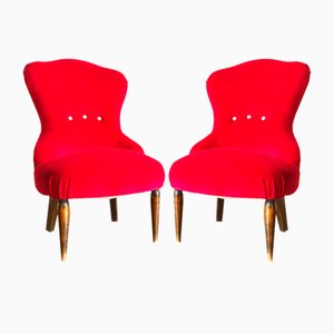 Antique Red Velvet Lounge Chairs, 1900s, Set of 2