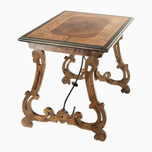 19th Century Spanish Baroque Side Table with Marquetry Top and Wrought Iron Stretchers