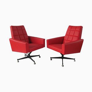 Vintage Red Swivel Armchairs in with Wheels from Dřevotvar Pardubice, Czechoslovakia, 1970s, Set of 2