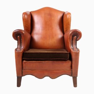 Poltrona Wingback in pelle color cognac, Danimarca, anni '40