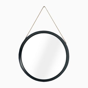 Mid-Century Round Mirror with Leather Frame on Rope from Fontana Arte