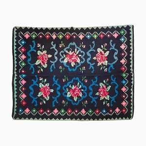 Vintage Romanian Handmade Wool Rug with Pink Roses