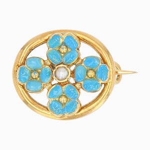 French Turquoise Enamelled Flower Brooch in 18K Yellow Gold with Natural Pearl, 1900s
