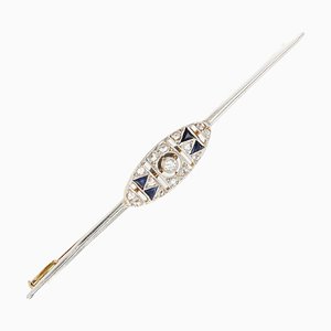 French Barrette Brooch in 18K Yellow White Gold with Sapphire and Diamonds, 1925s