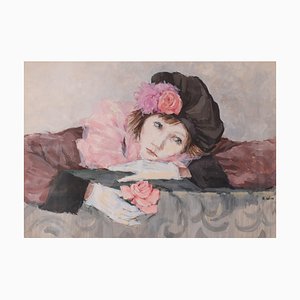 Portrait of a Lady with a Rose, 20th-Century, Aquarelle sur Papier, Encadré