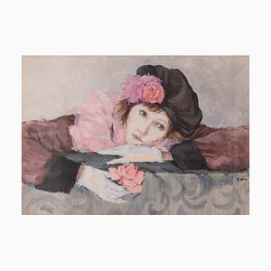 Portrait of a Lady with a Rose, 20th-Century, Watercolor on Paper, Framed