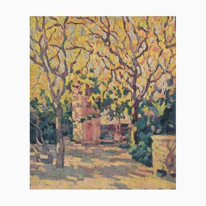 Guillem Bergnes, Jardin Impressionniste avec Fleur Jaune, 20ème Siècle, Huile sur Toile, Encadrée