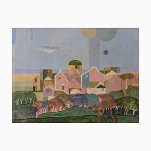 Italian Cubist Landscape, 20th-Century, Acrylic on Board, Framed