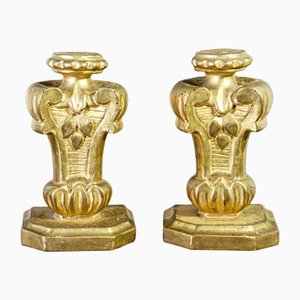 Louis XIV Wood and Gold Leaf Palmette Candlesticks, 1700s, Set of 2