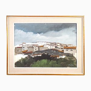 Enotrio Pugliese, Paesaggio Calabrese, 1970s, Oil on Cardboard, Framed